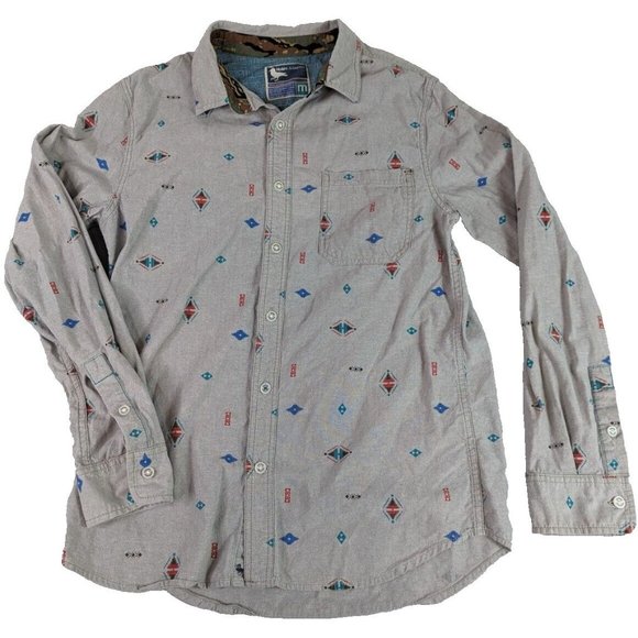 Modern Amusement Shirt Men's Medium Grey Aztec Long Slv Button Down Casual Artsy - Picture 1 of 8